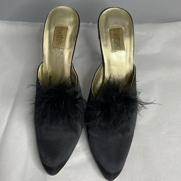 LA SENZA Vintage Black Feather Trim Satin Heel Slipper Shoes Size XL 7-8 - Picture 4 of 11